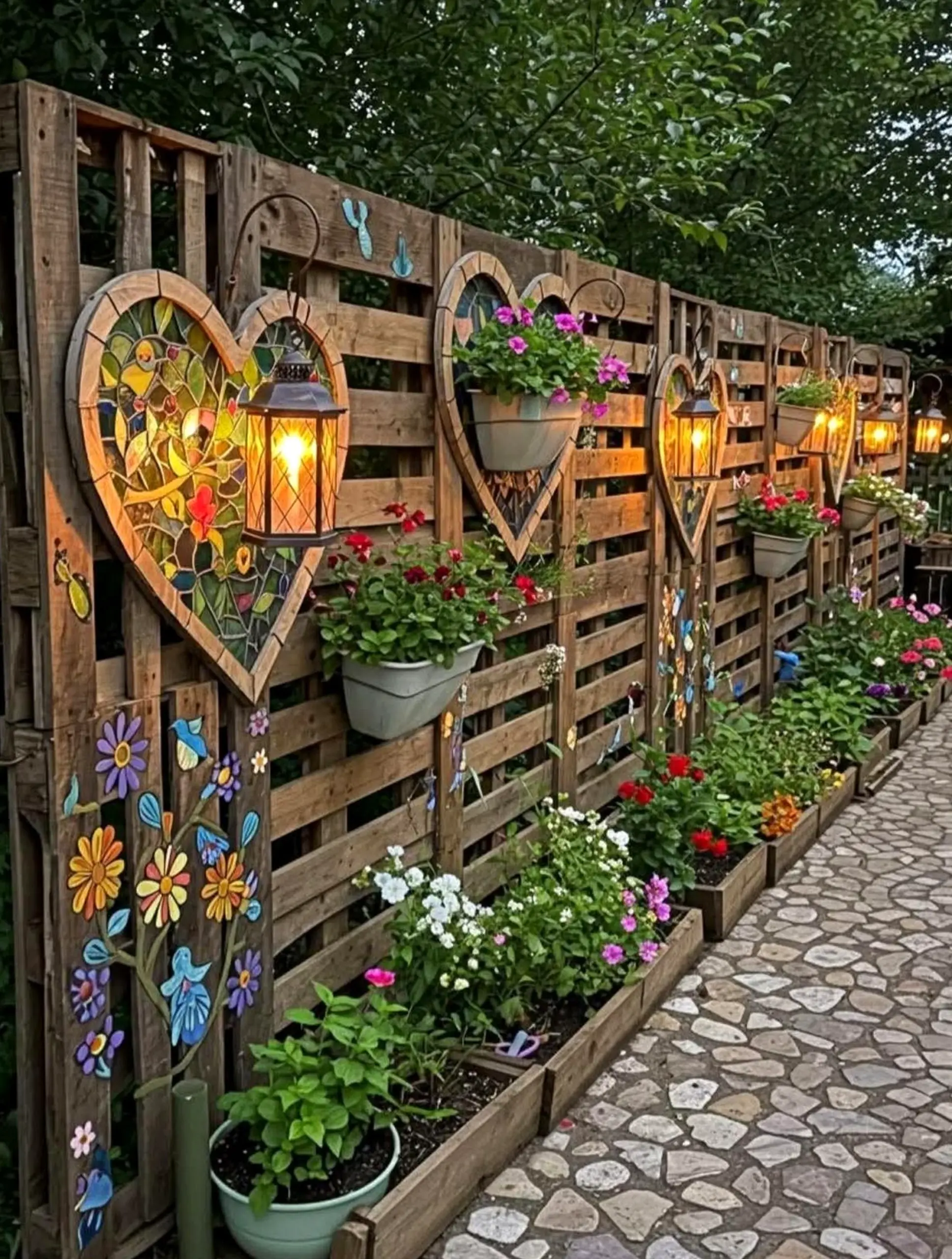 Colorful stone path adds detail across the garden edge, giving the decor a finish that feels warm without clutter.