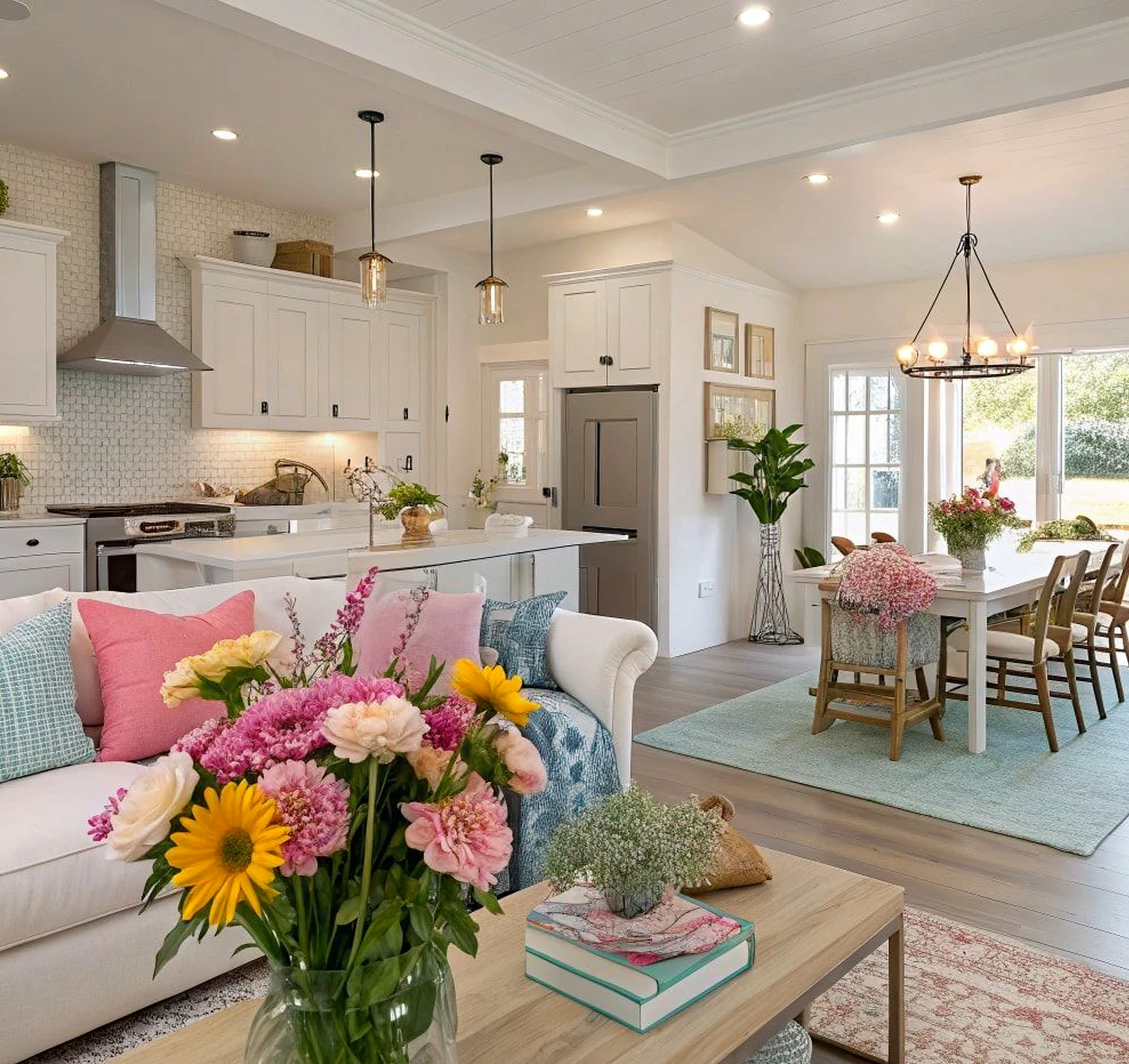 Airy floral bed draws attention to warmth while the arrangement stays quietly finished.