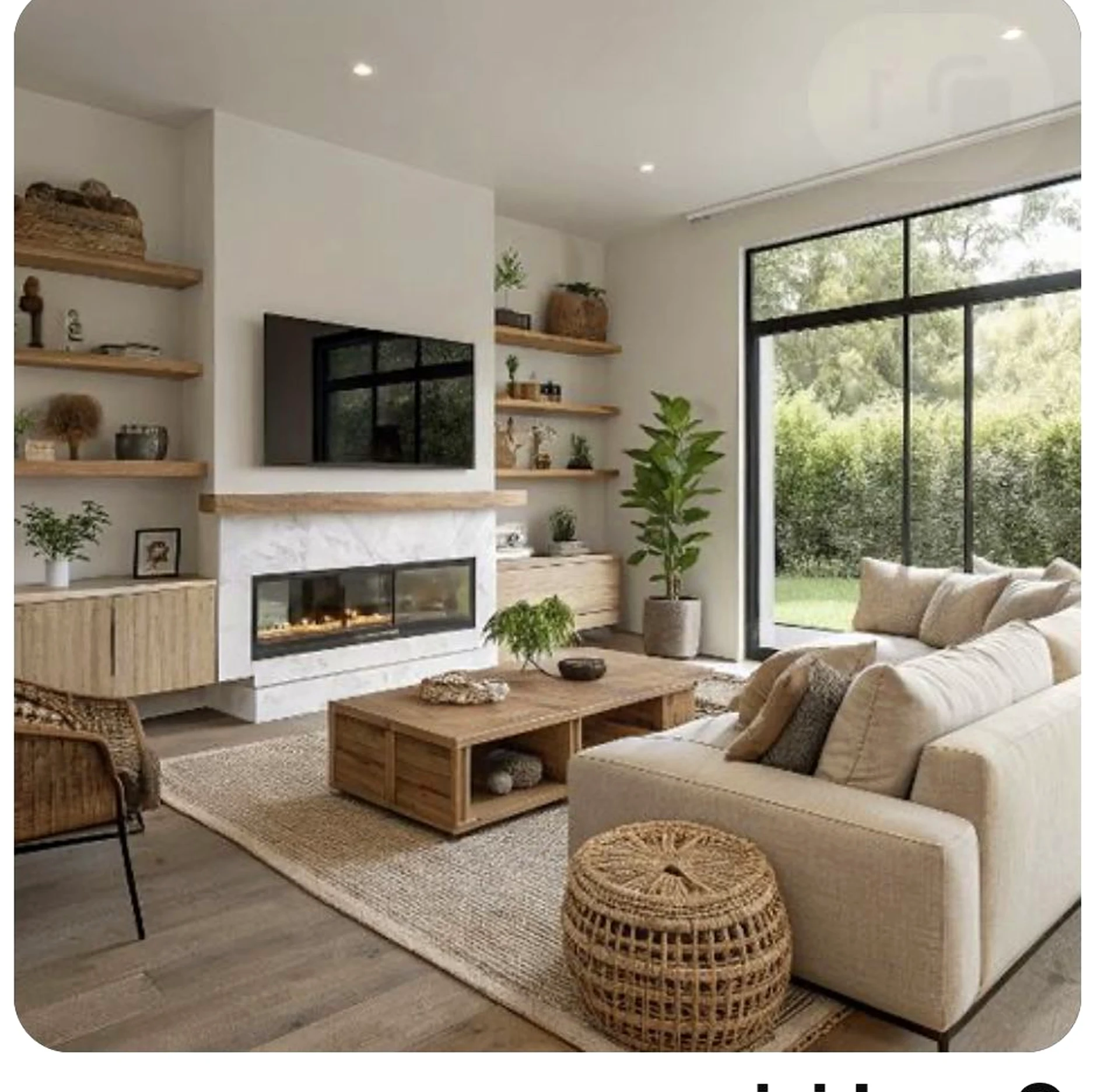 Subtle ceiling detail anchors the garden edge with contrast, giving the view a mood that feels simple yet expressive.