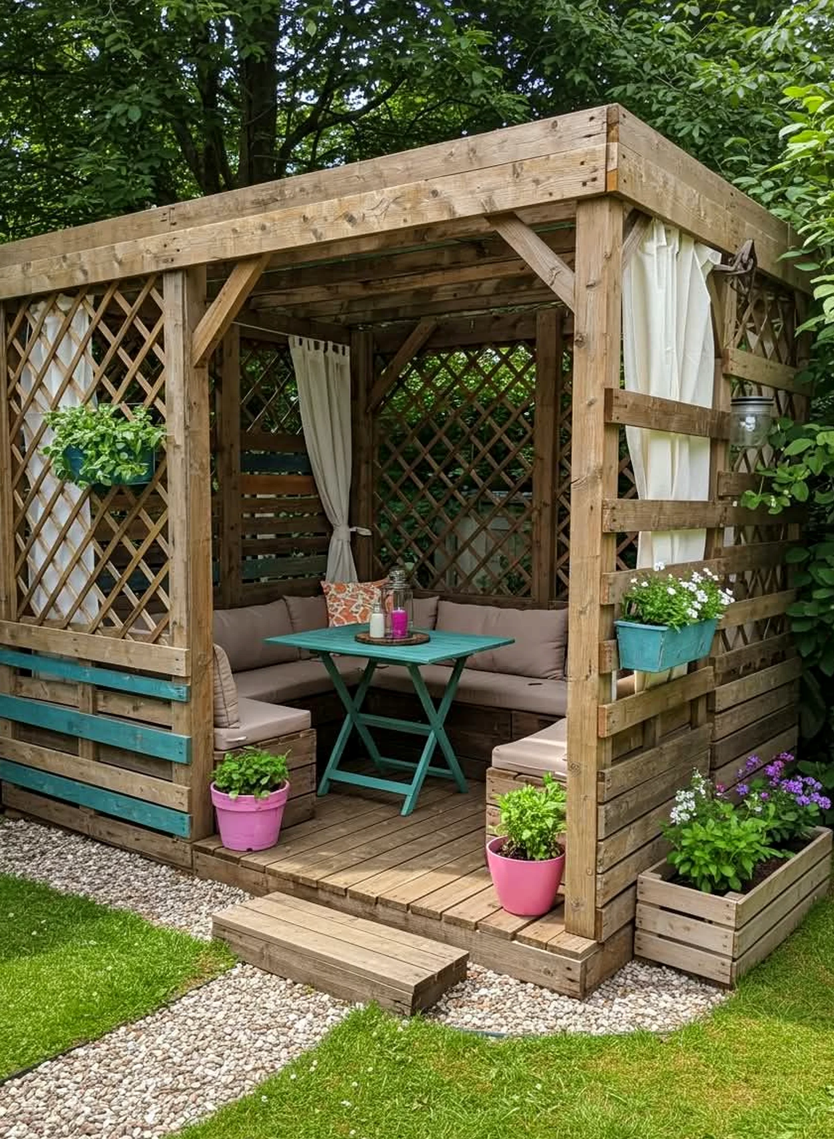 Soft decorative mirror frames the outdoor space with character, making the scene feel fresh and intentional.