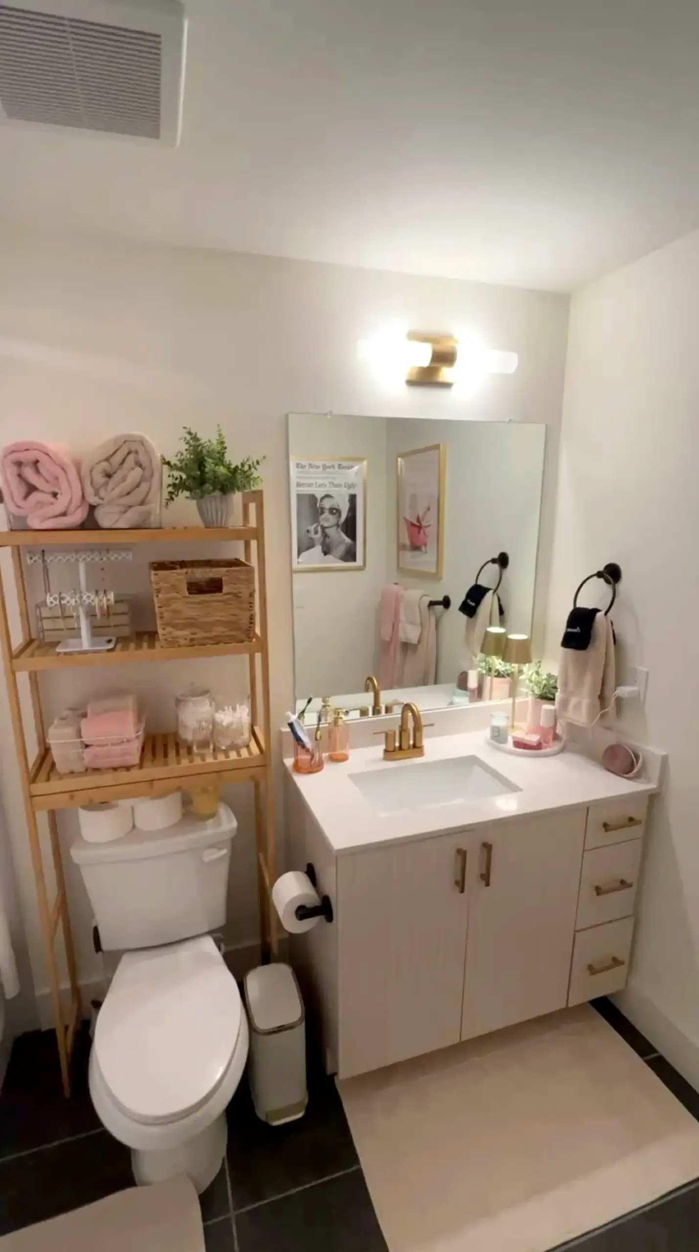 Elegant wood shelving draws attention to light while the design stays warm without clutter.