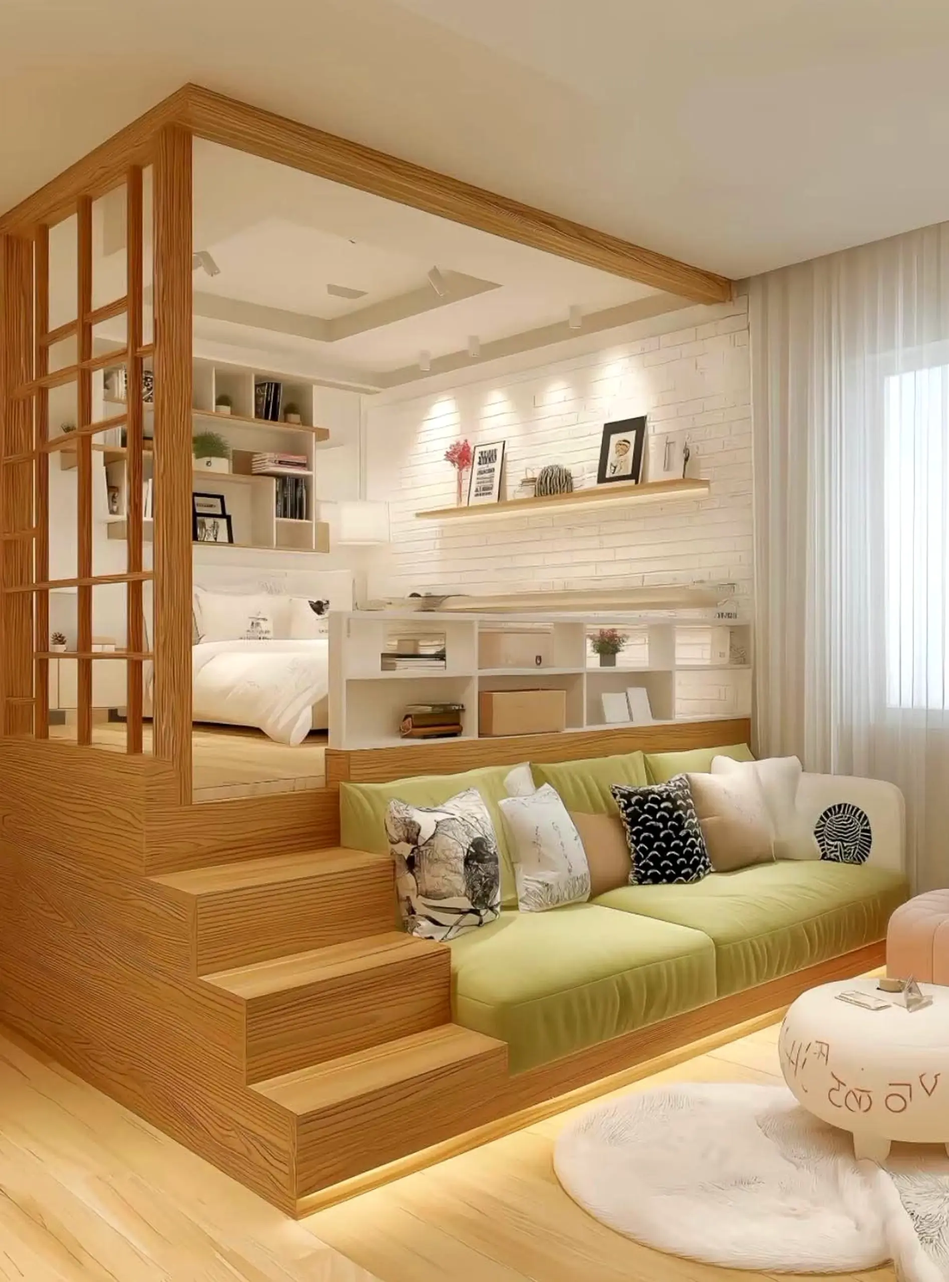 Compact floor pattern introduces warmth into the room, keeping the atmosphere simple yet expressive.