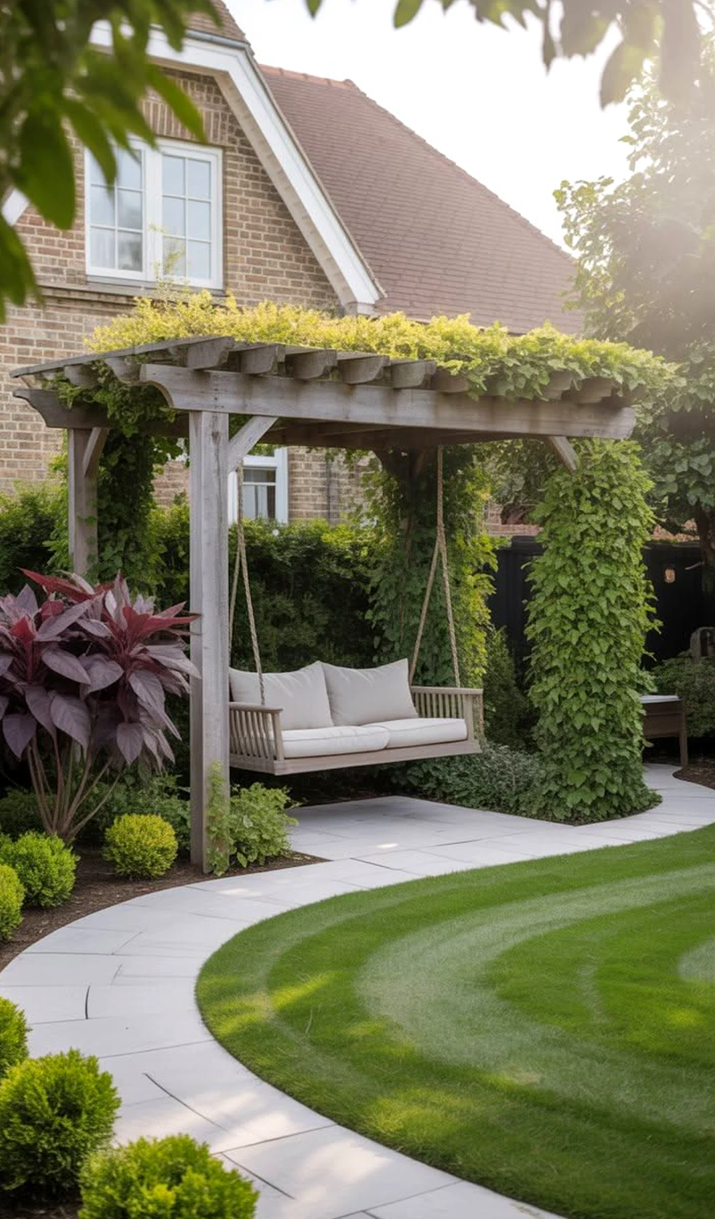 Balanced reading corner frames the garden edge with shape, making the scene feel quietly finished.
