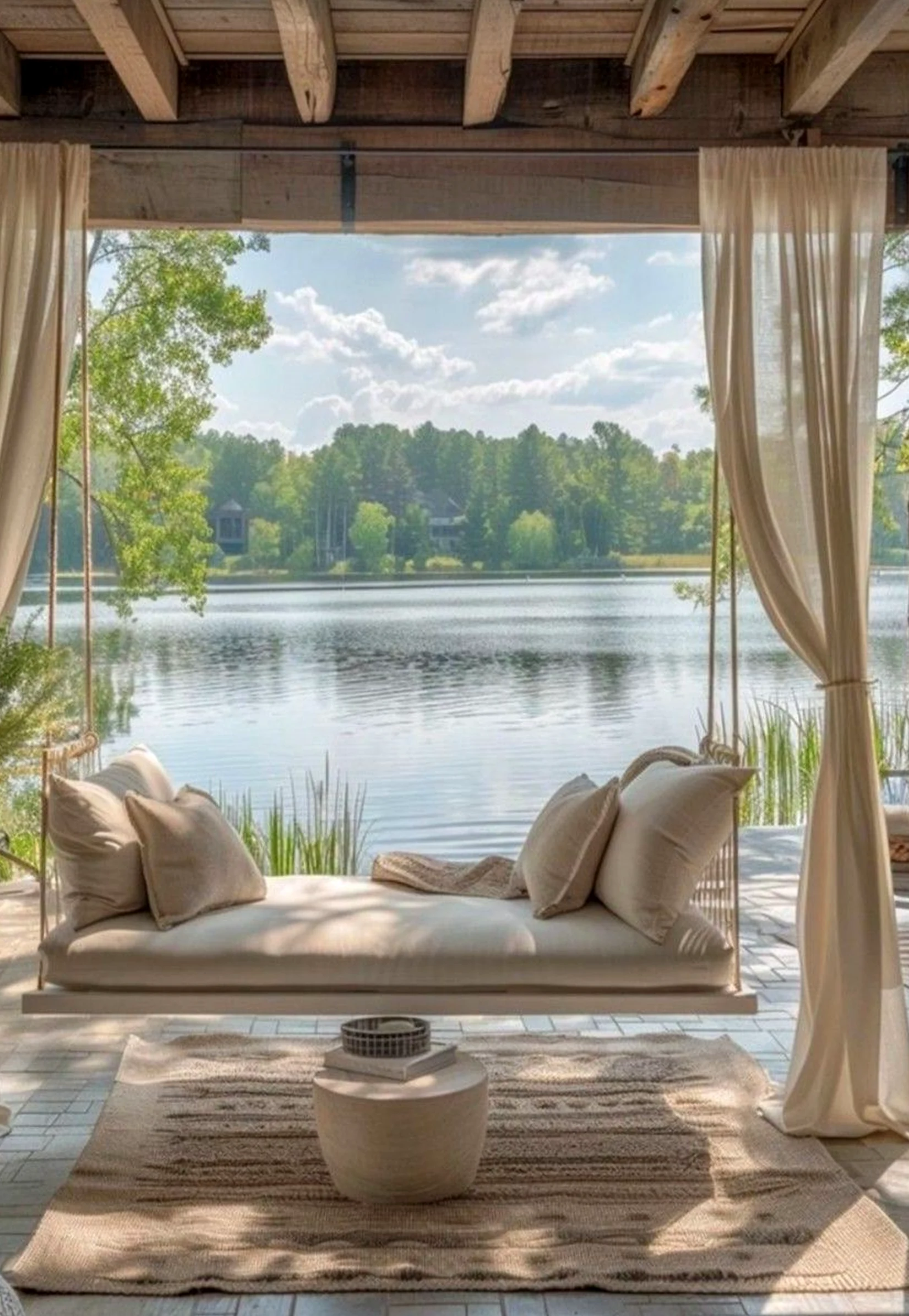 Fresh porch bench adds a clear layer of balance, helping the composition feel visually grounded.