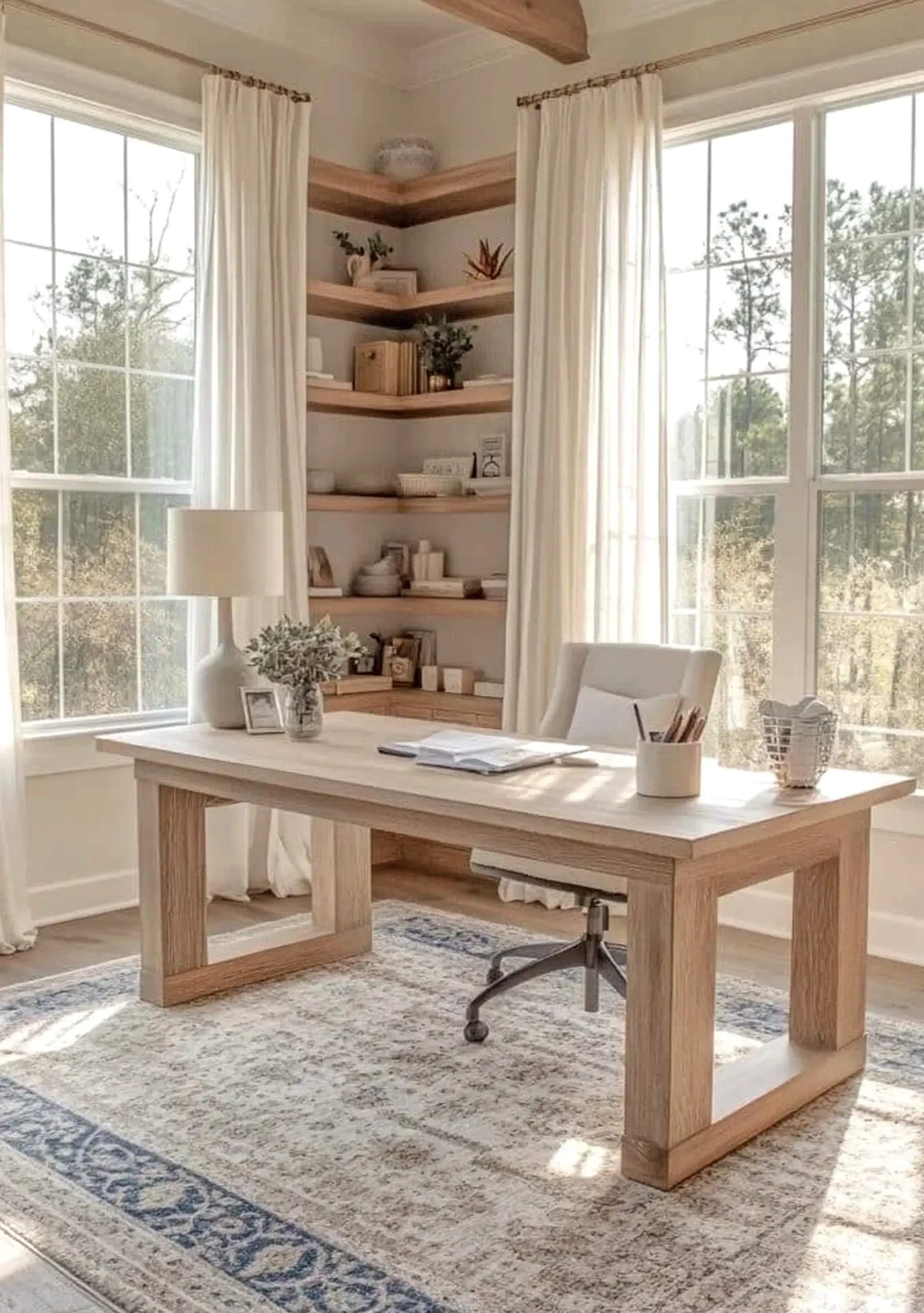 Graceful neutral bedroom frames the table with personality, making the scene feel quietly finished.