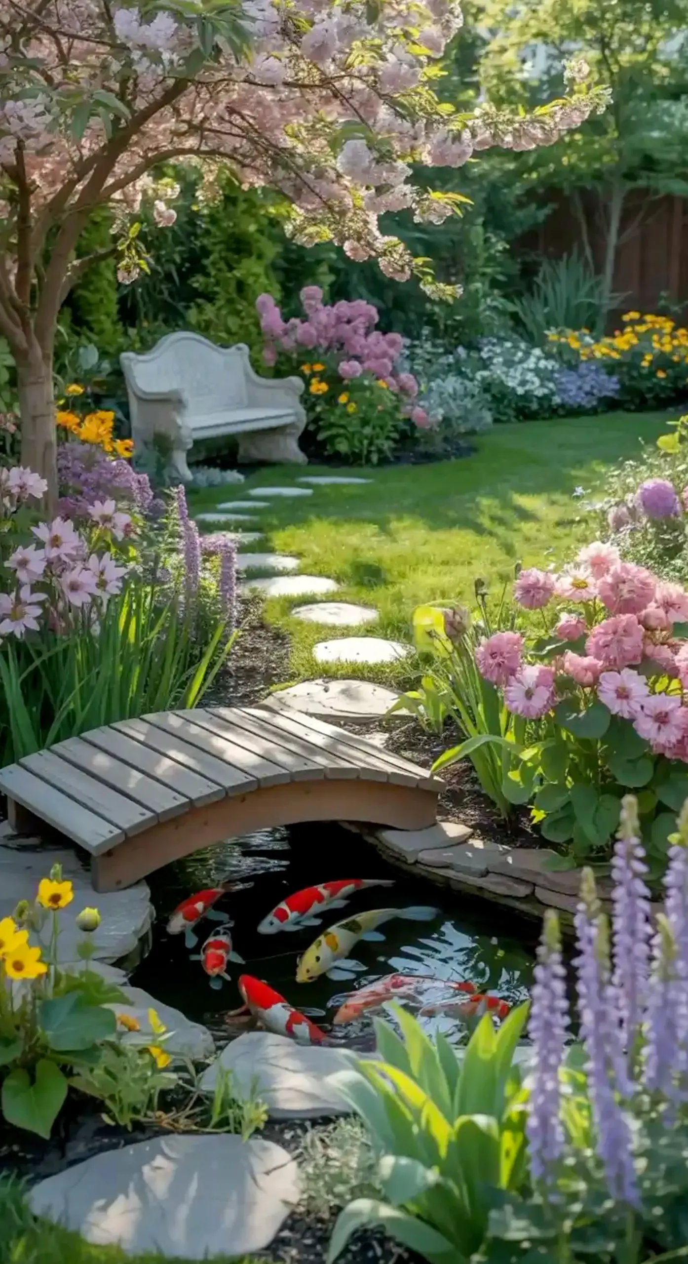 Refined stone path frames the table with personality, making the scene feel fresh and intentional.