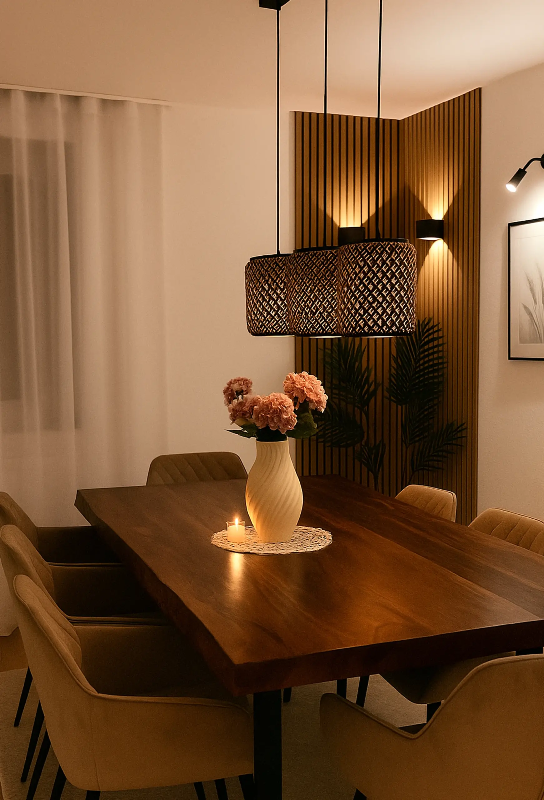 Soft flower arrangement frames the setting with texture, making the scene feel settled and welcoming.
