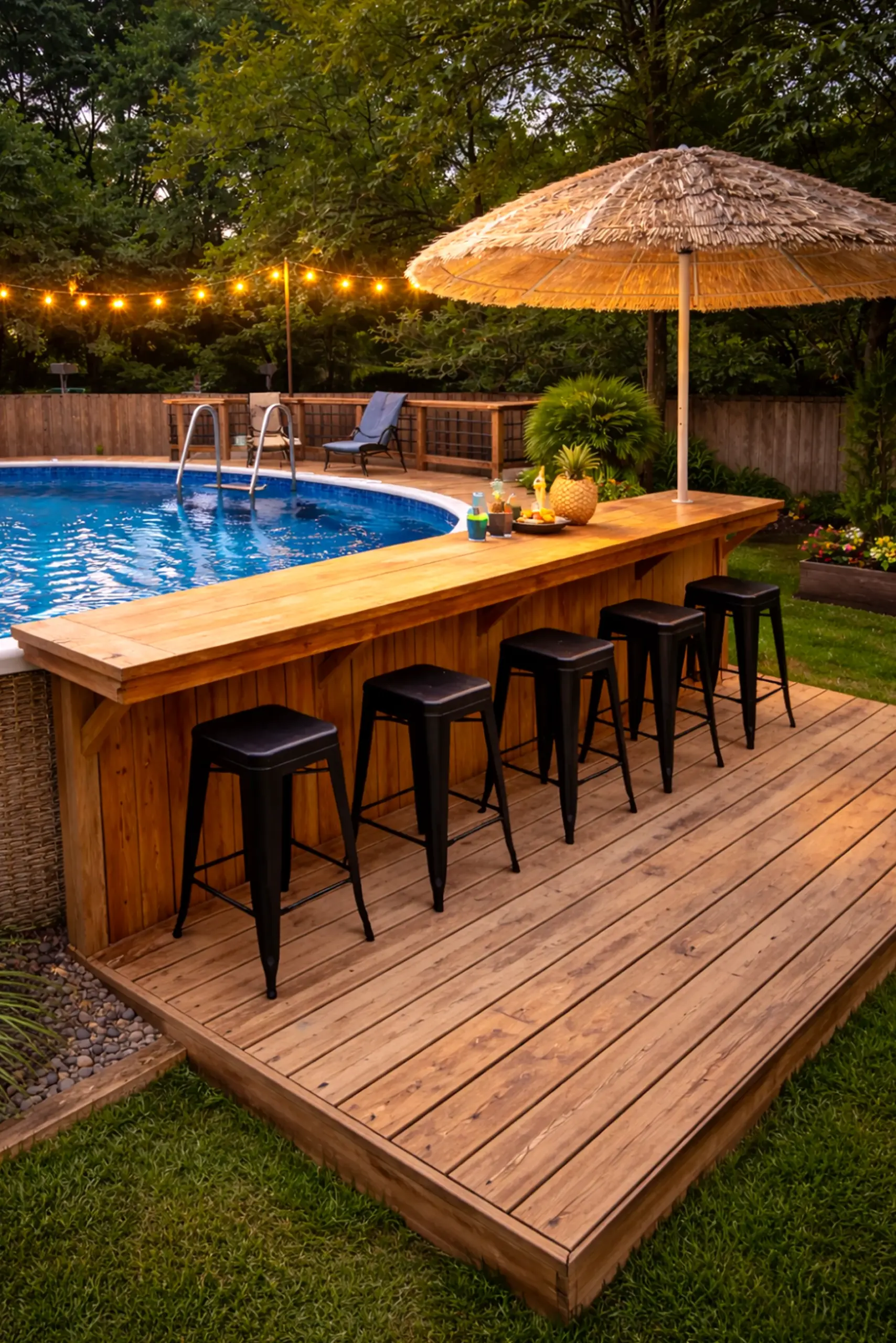 Relaxed poolside setting supports the garden edge through warmth, leaving the space feeling warm without clutter.