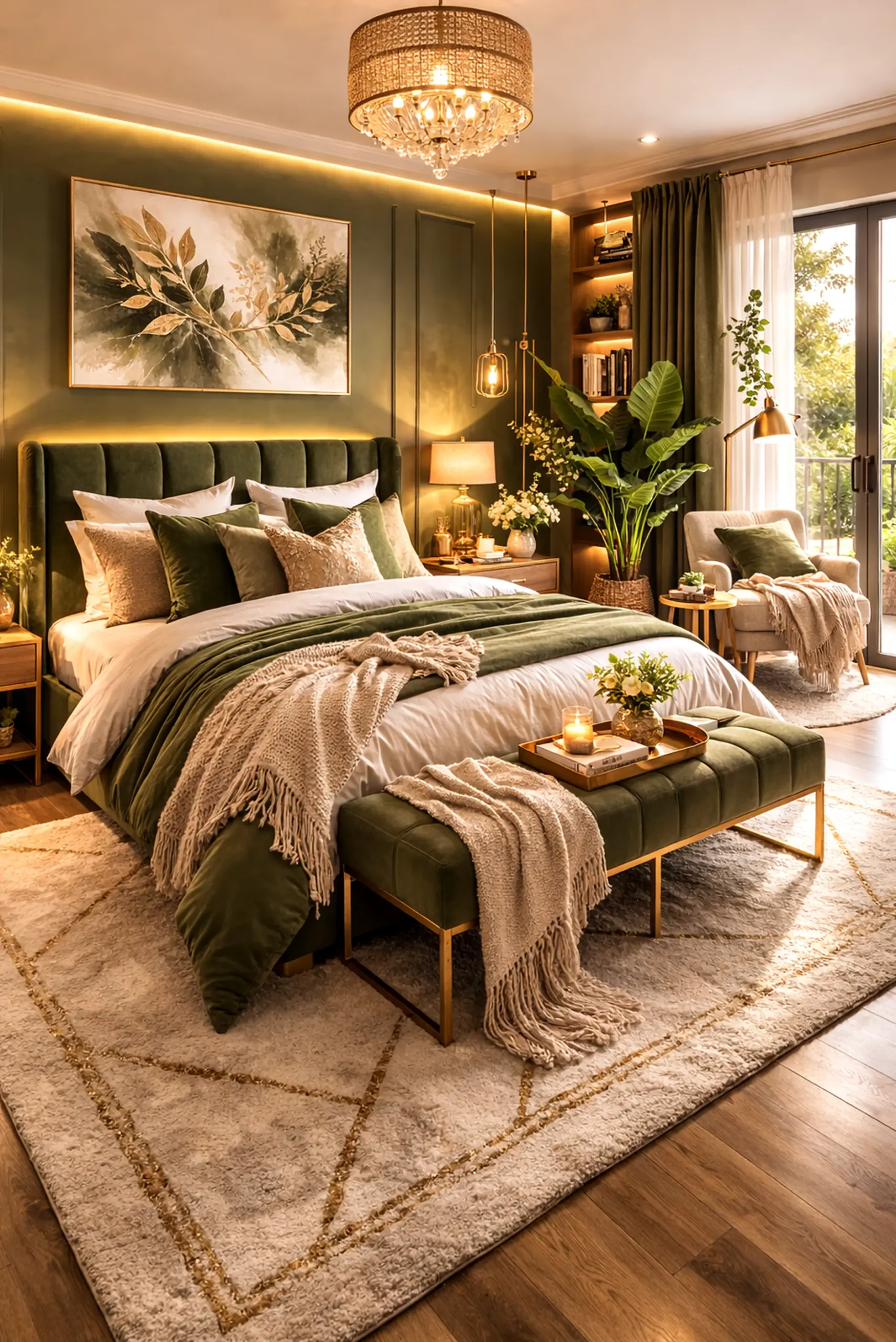 Calm courtyard view frames the setting with texture, making the scene feel personal and relaxed.