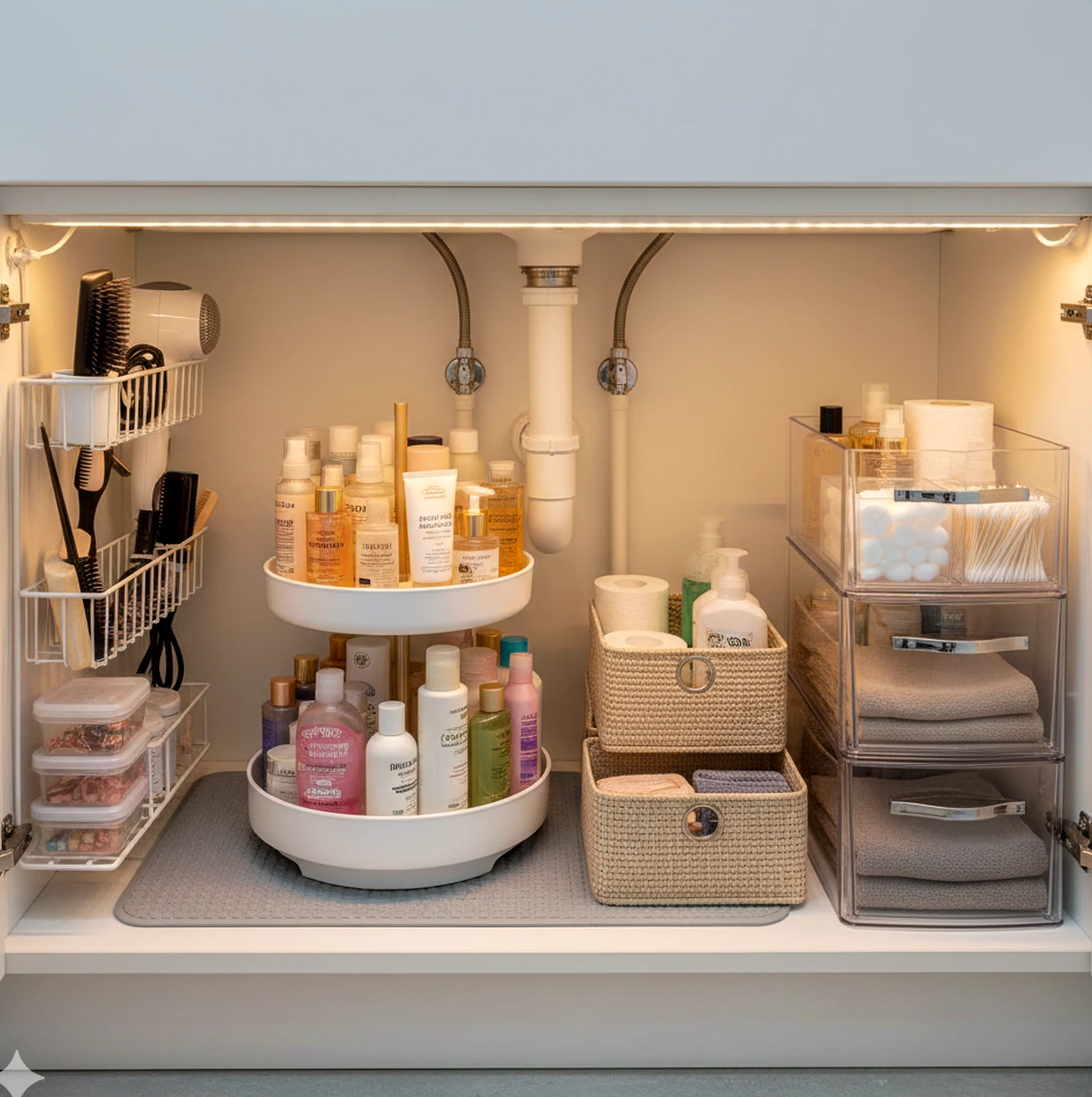 Compact sink area draws attention to freshness while the table stays pleasantly composed.