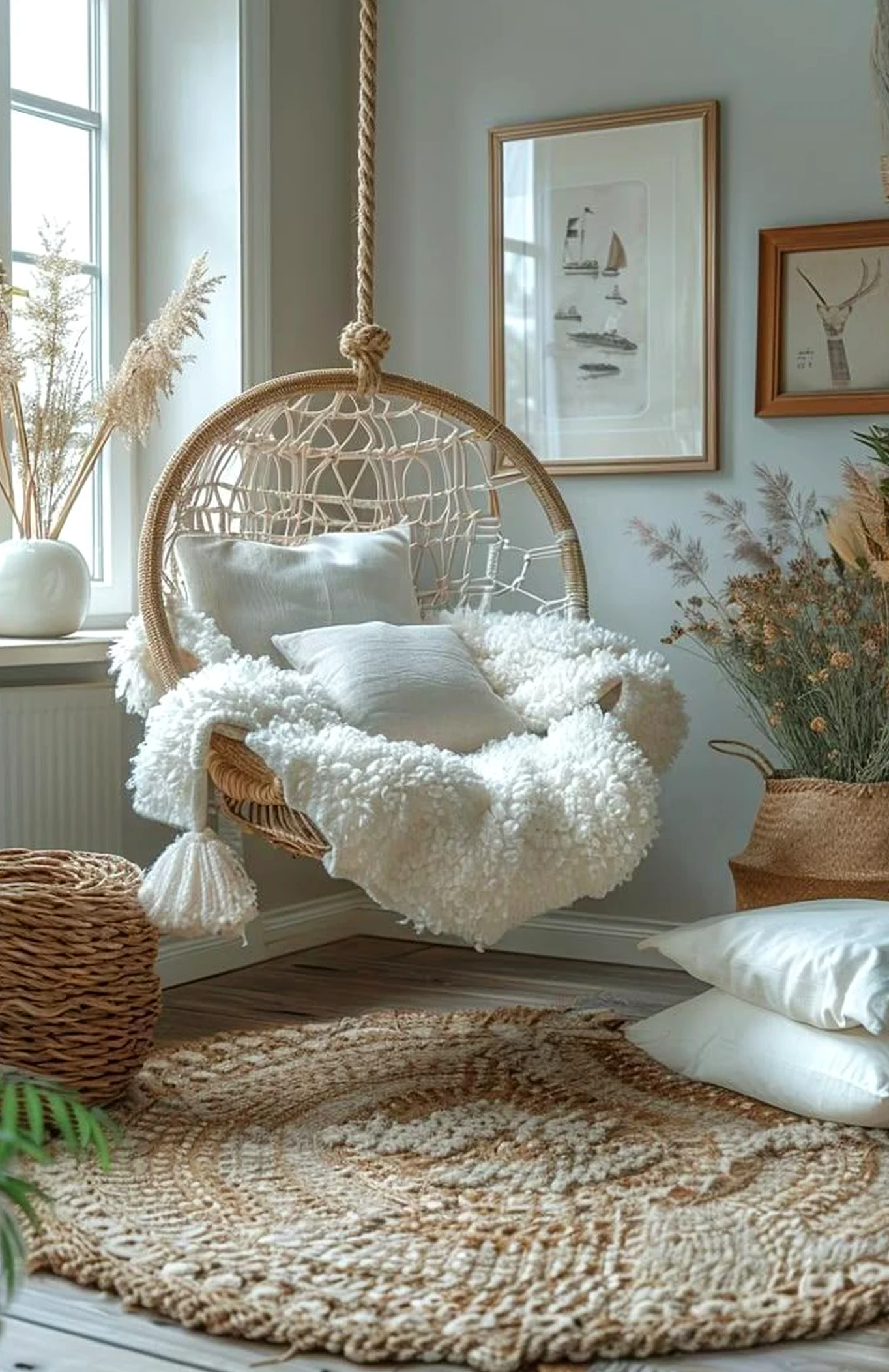 Luminous porch bench draws attention to shape while the corner stays ready for quiet use.