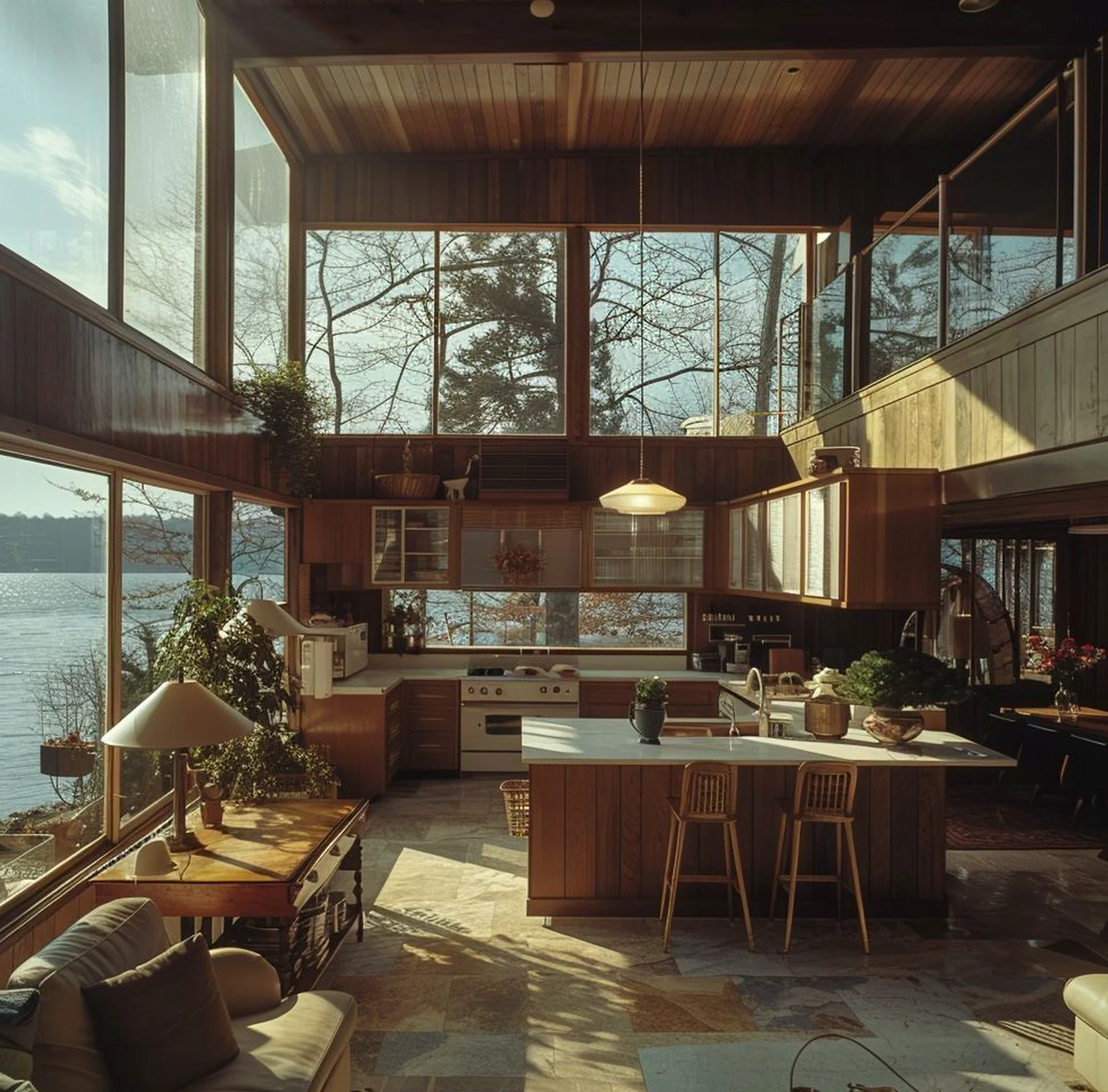Leafy wood shelving anchors the sitting area with focus, giving the view a mood that feels easy to enjoy.