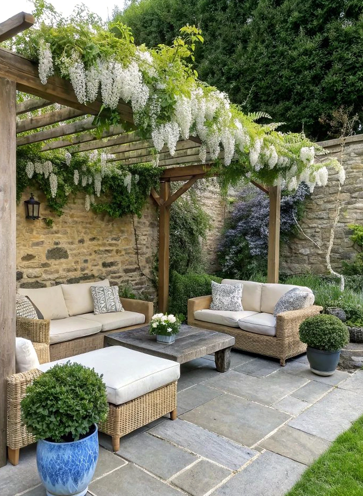 Leafy terrace table brings a useful note of personality, making the setting feel bright but not busy.