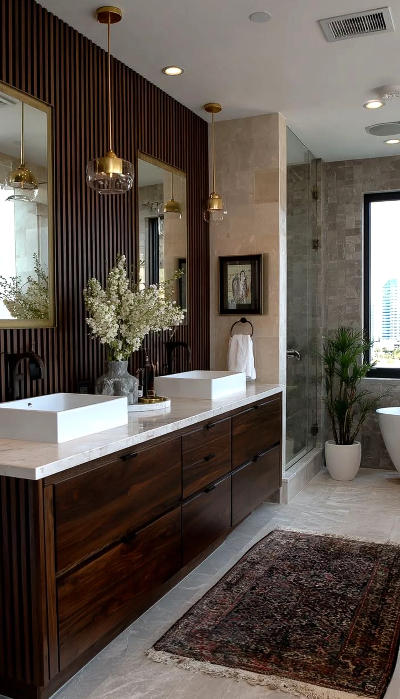 Elegant wood shelving adds a clear layer of character, helping the corner feel simple yet expressive.