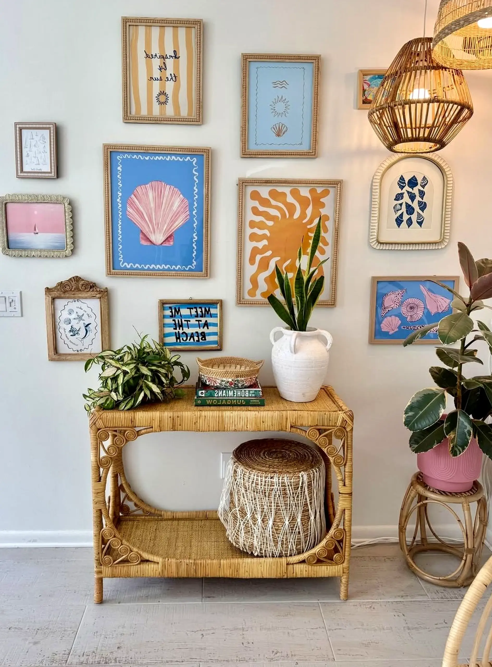 Sunny painted door supports the composition through softness, leaving the space feeling personal and relaxed.