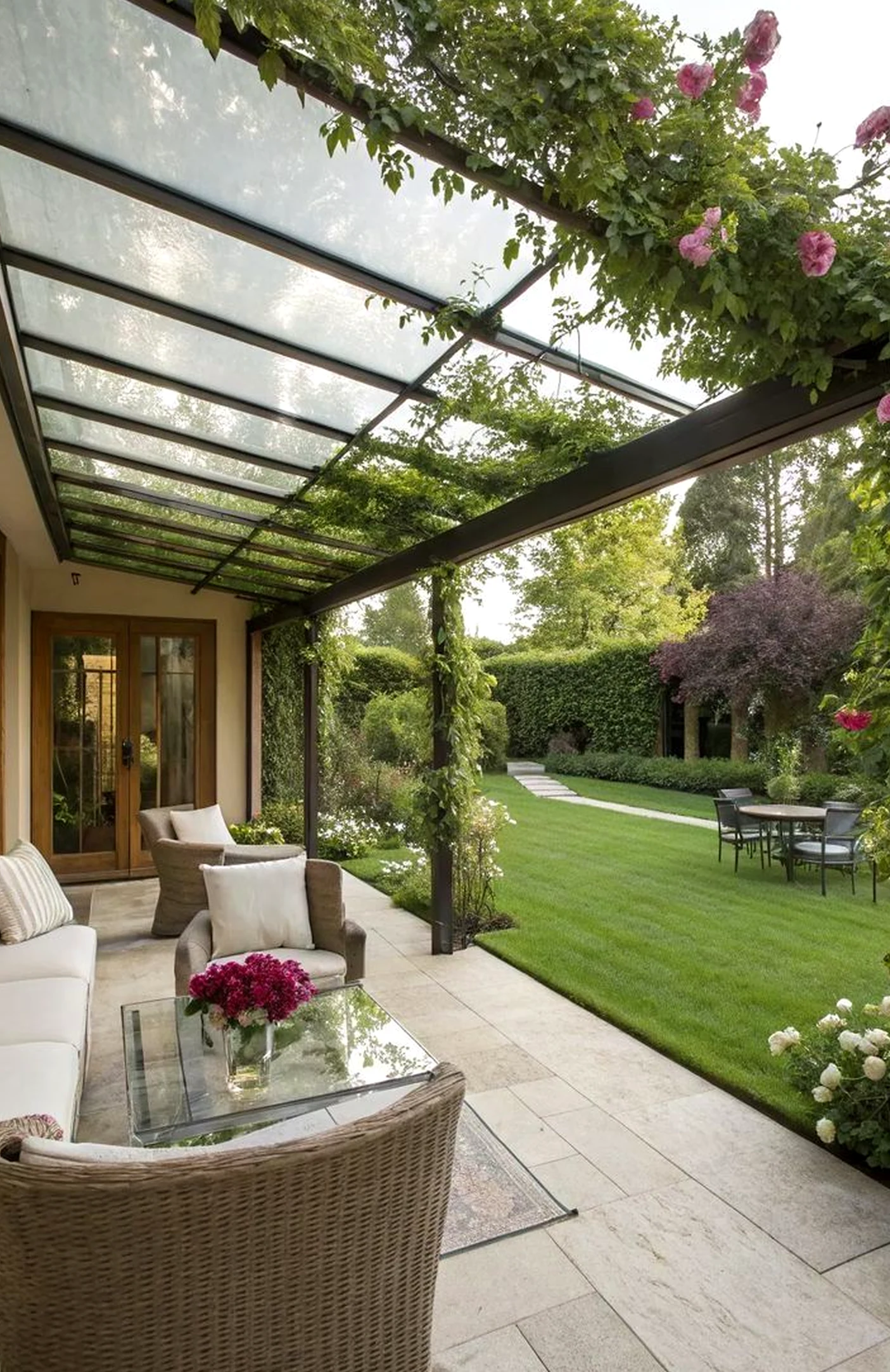 Refined stone terrace introduces movement into the outdoor space, keeping the atmosphere fresh and intentional.