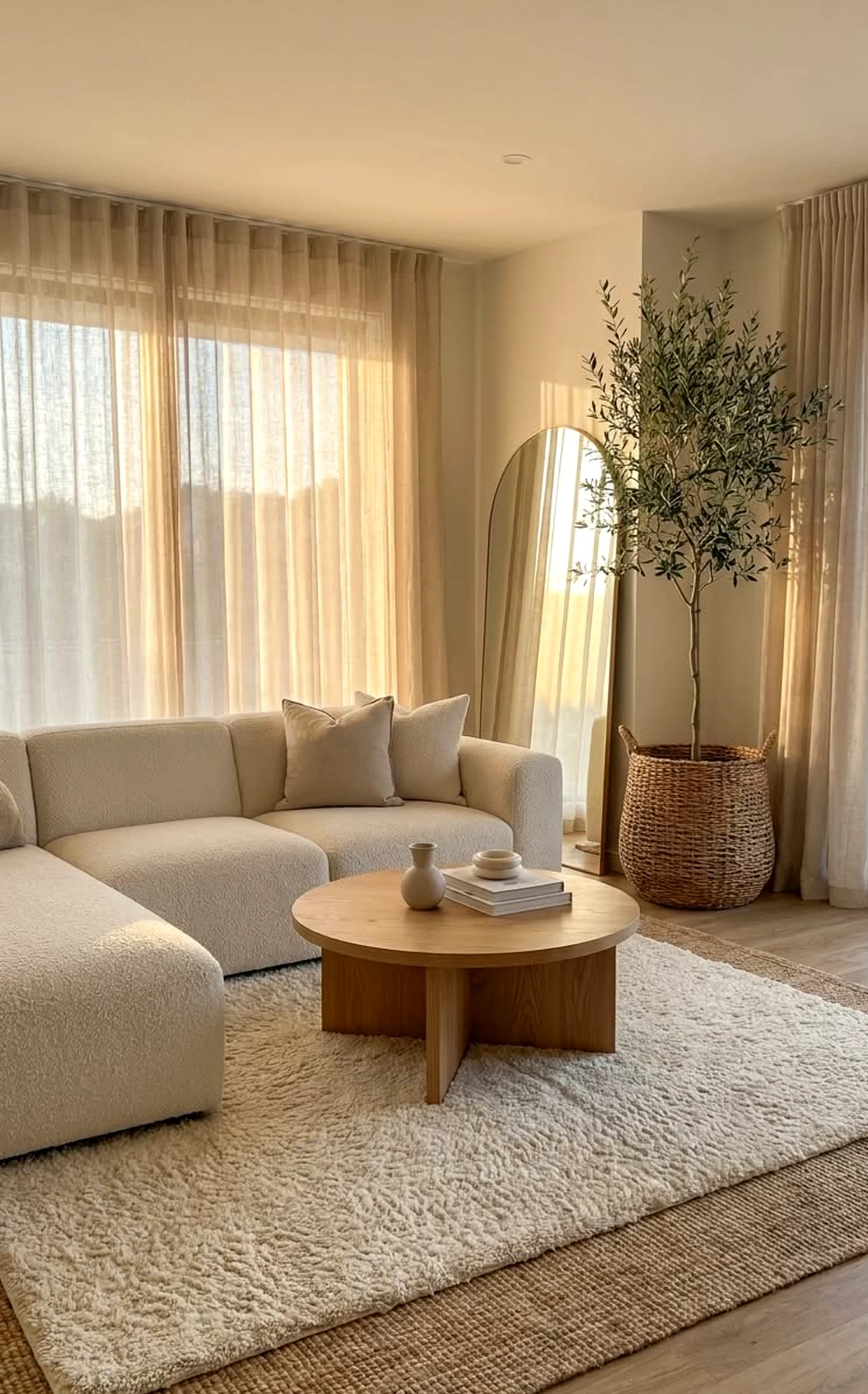 Natural colorful passage supports the sitting area through rhythm, leaving the space feeling open and lived-in.