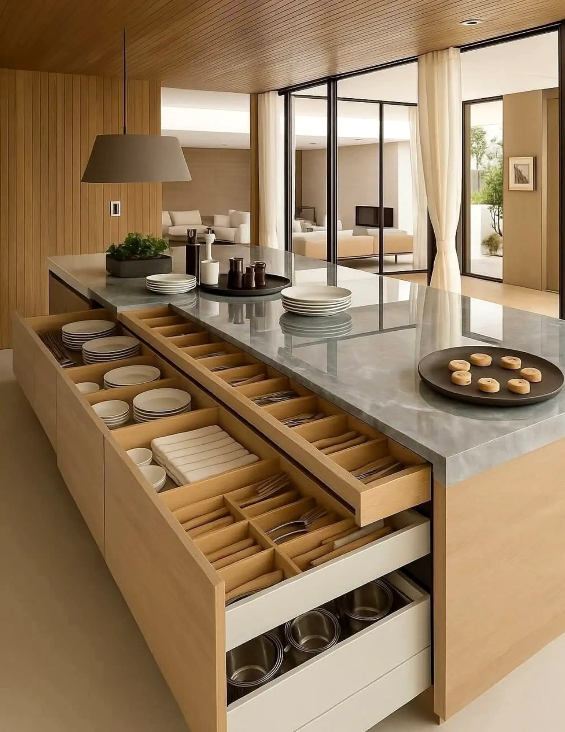 Relaxed window seat introduces shape into the view, keeping the atmosphere pleasantly composed.