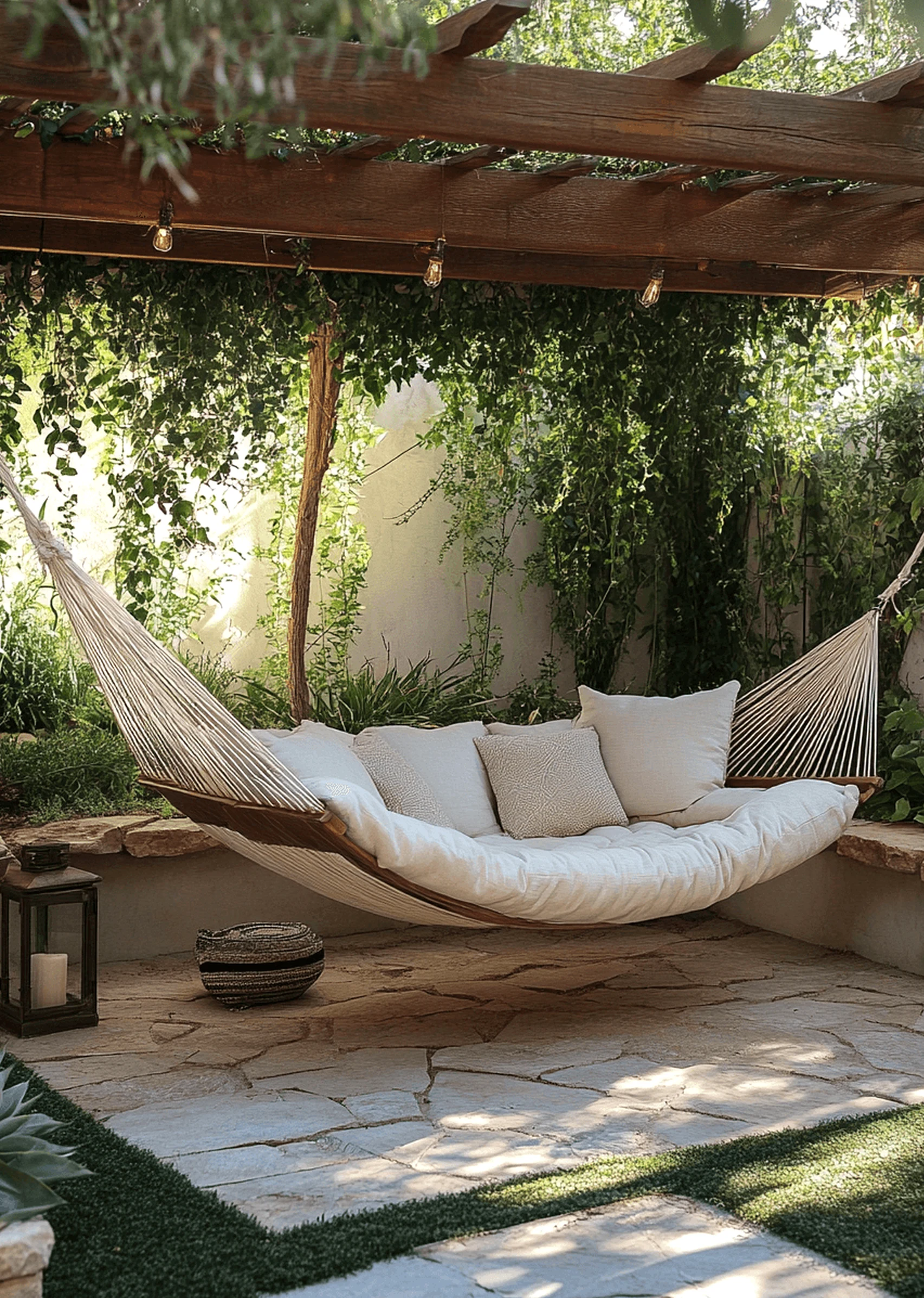 Leafy linen bedding brings character to the sitting area, creating a mood that feels visually grounded.