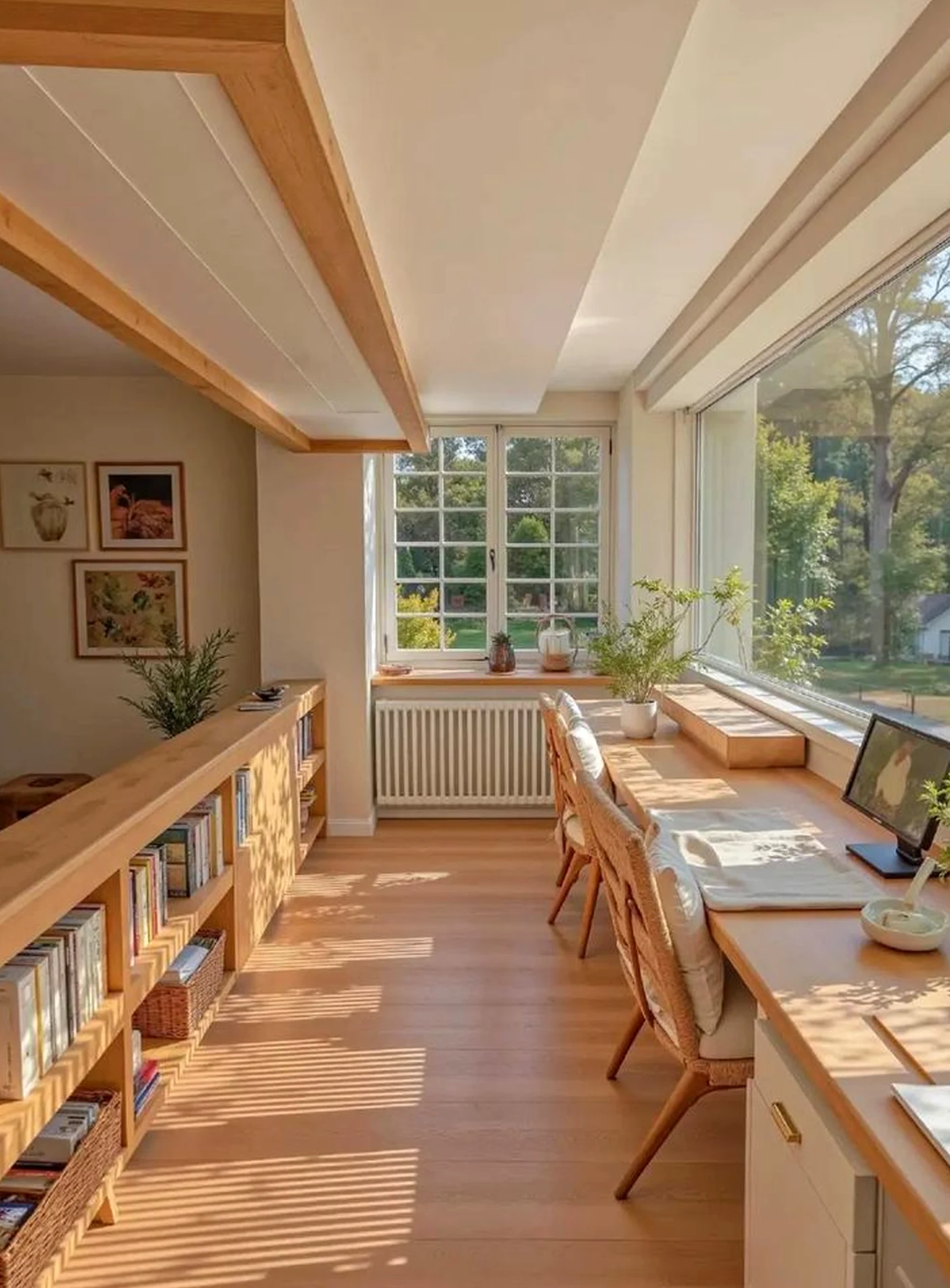 Airy dining setup supports the arrangement through light, leaving the space feeling settled and welcoming.