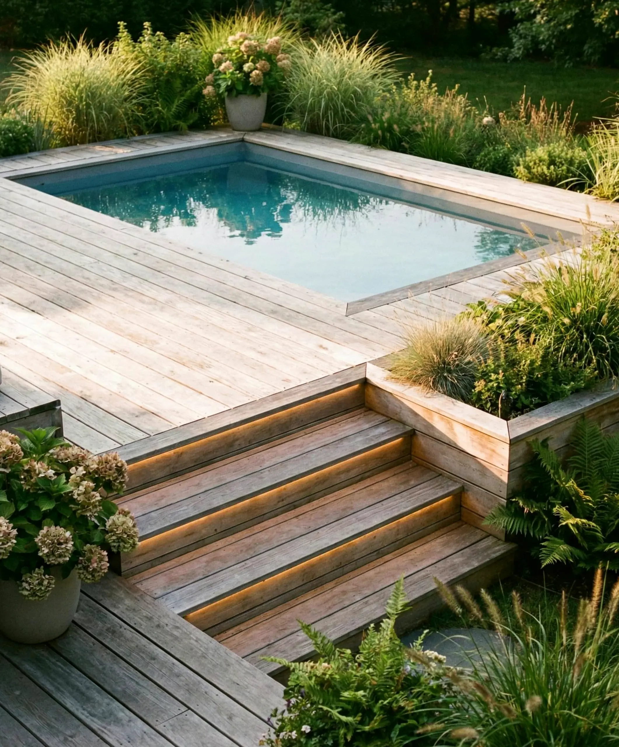 Elegant stair landing adds a clear layer of movement, helping the view feel bright but not busy.