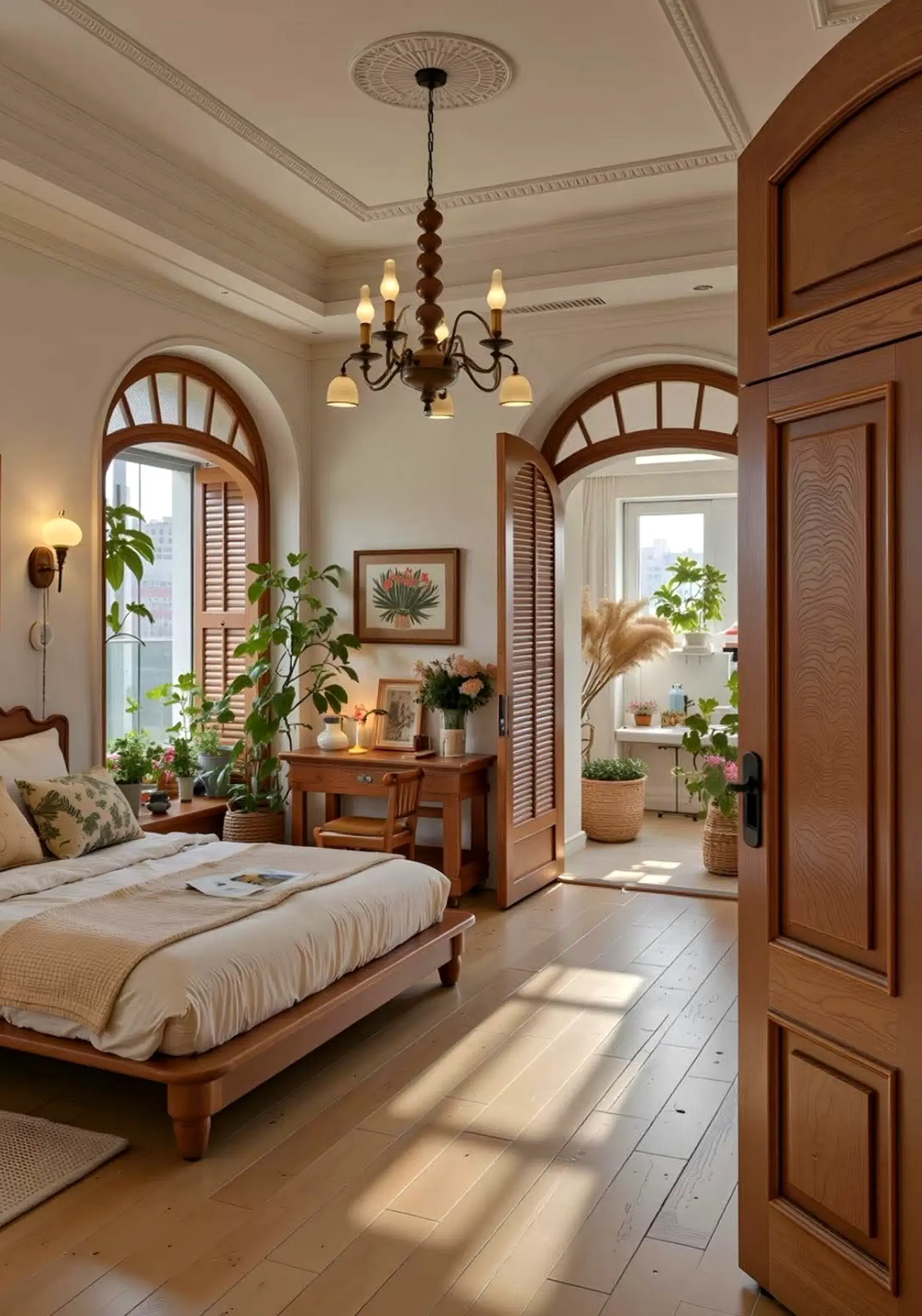 Airy wood shelving draws attention to ease while the view stays visually grounded.