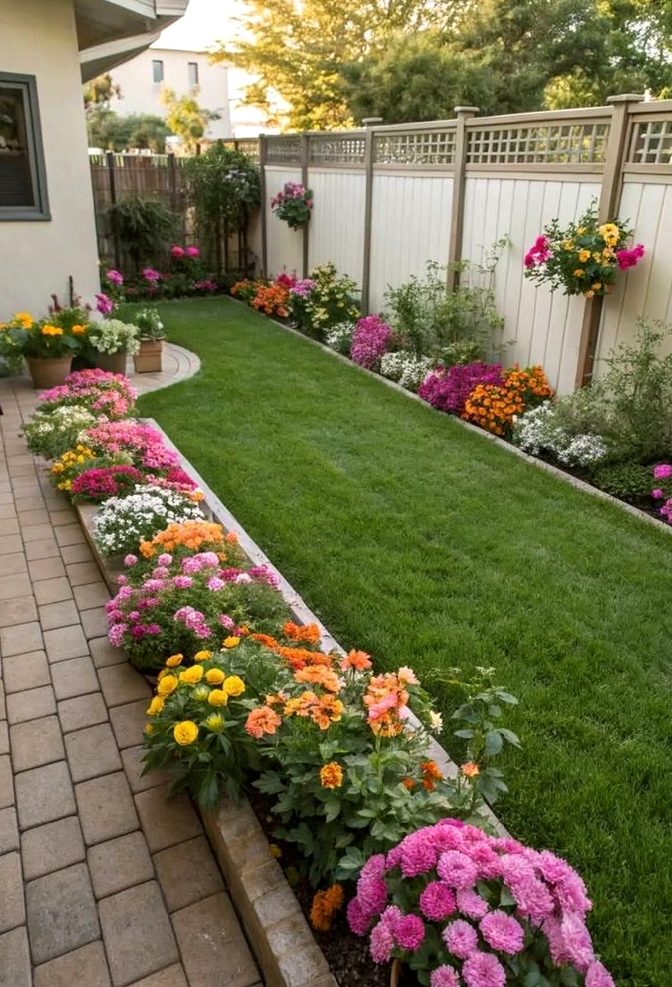Polished garden border gives the wall more movement, so the whole view feels bright but not busy.