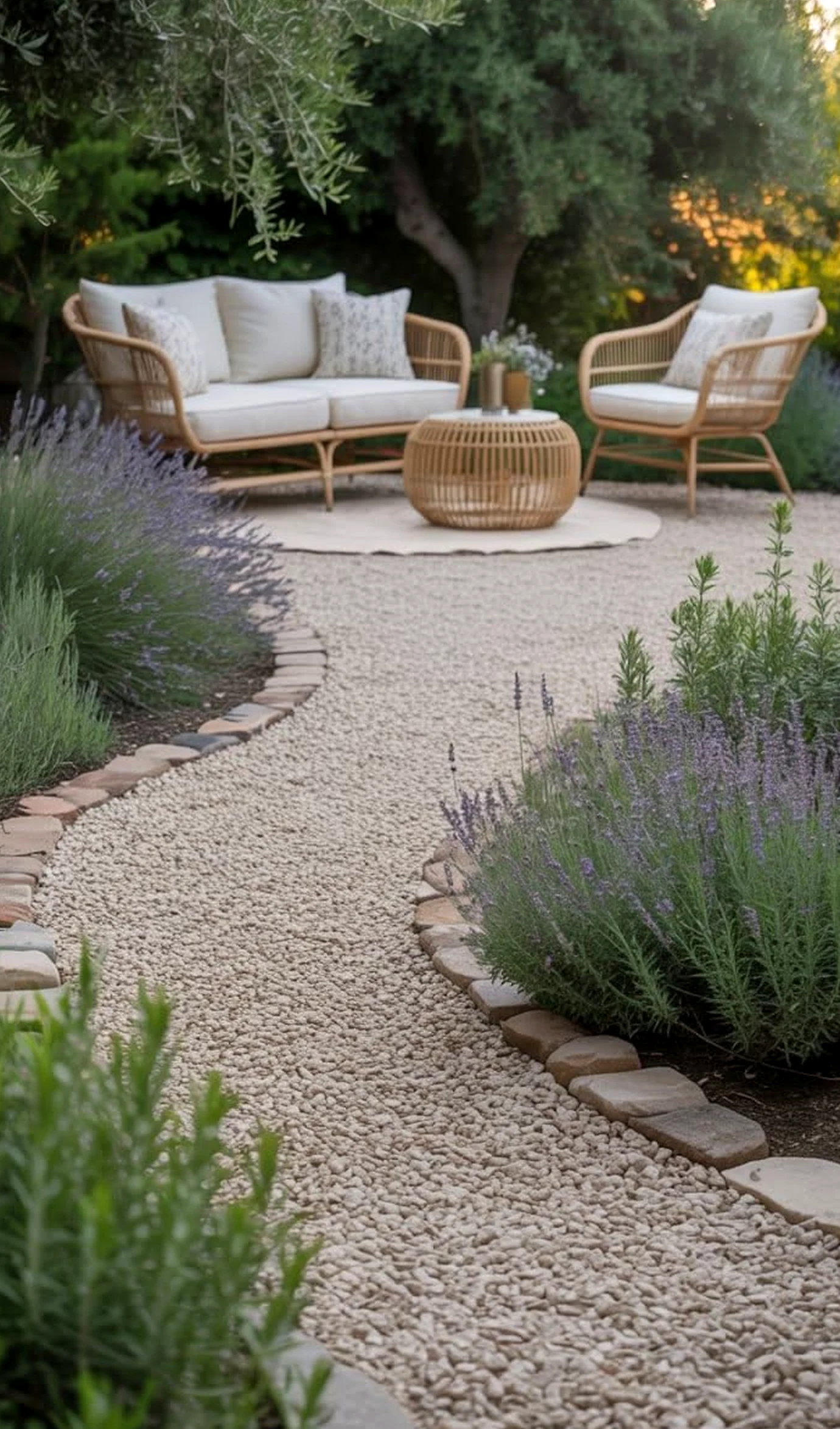 Balanced stone terrace frames the entry with order, making the scene feel quietly finished.