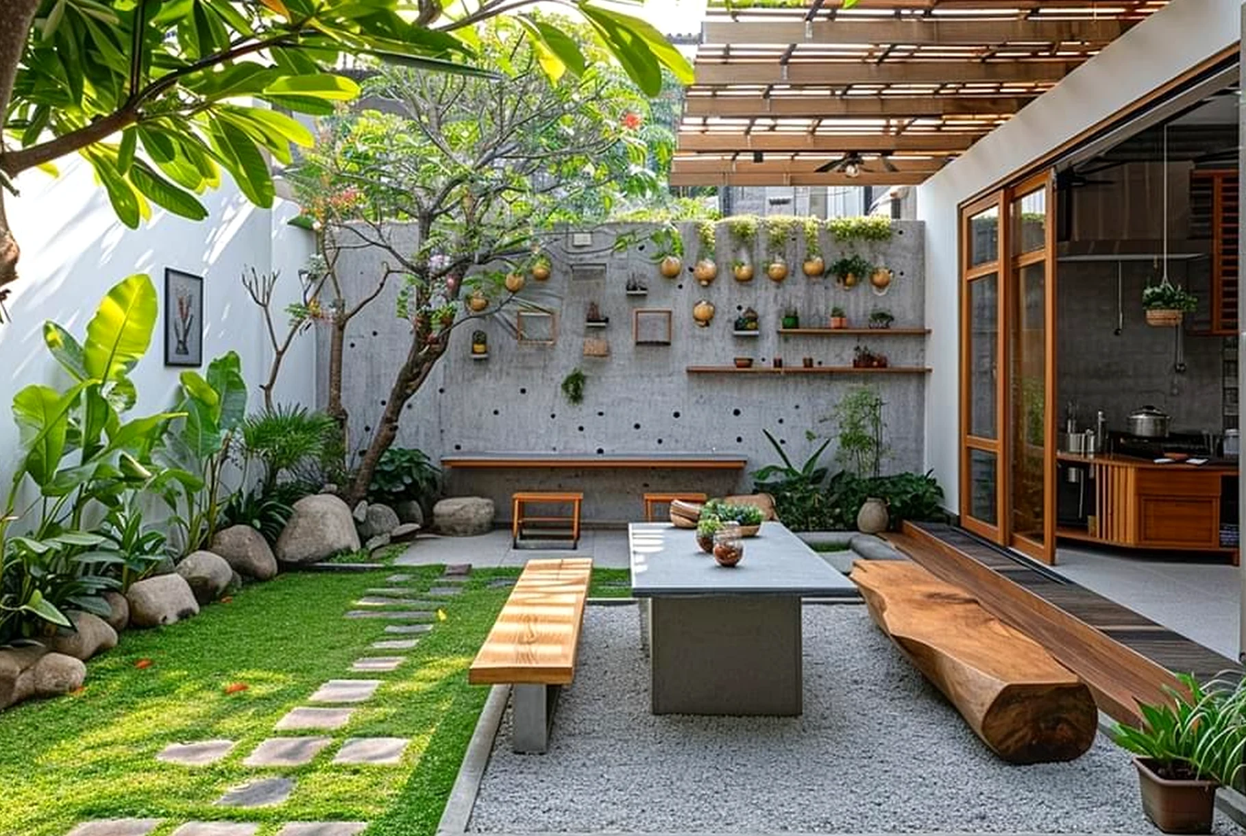 Elegant floral bed supports the outdoor space through personality, leaving the space feeling visually grounded.