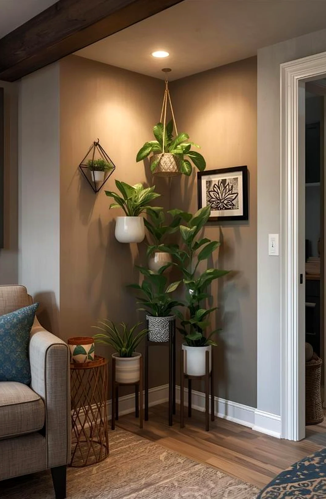 Crisp vase display frames the entry with ease, making the scene feel settled and welcoming.