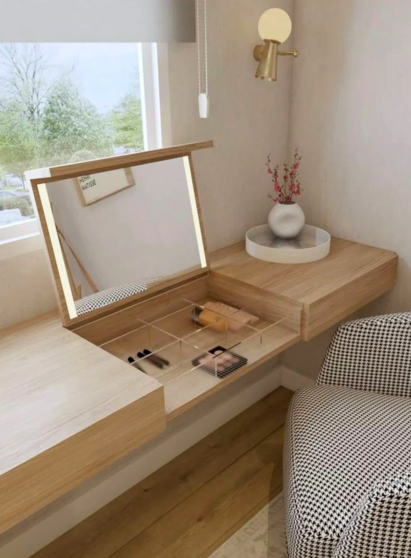 Balanced reading corner introduces light into the corner, keeping the atmosphere bright but not busy.