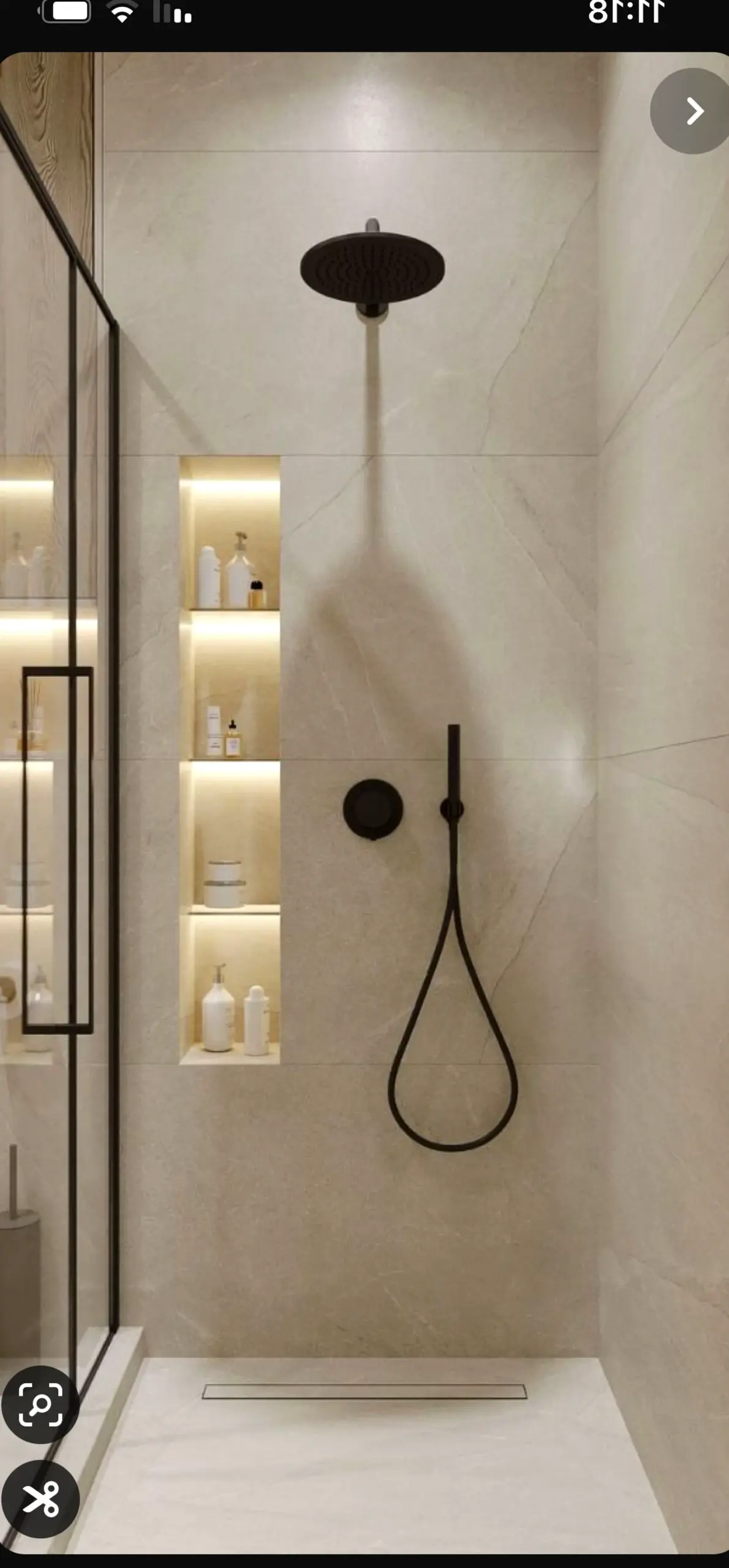 Airy wood shelving adds a clear layer of balance, helping the view feel settled and welcoming.