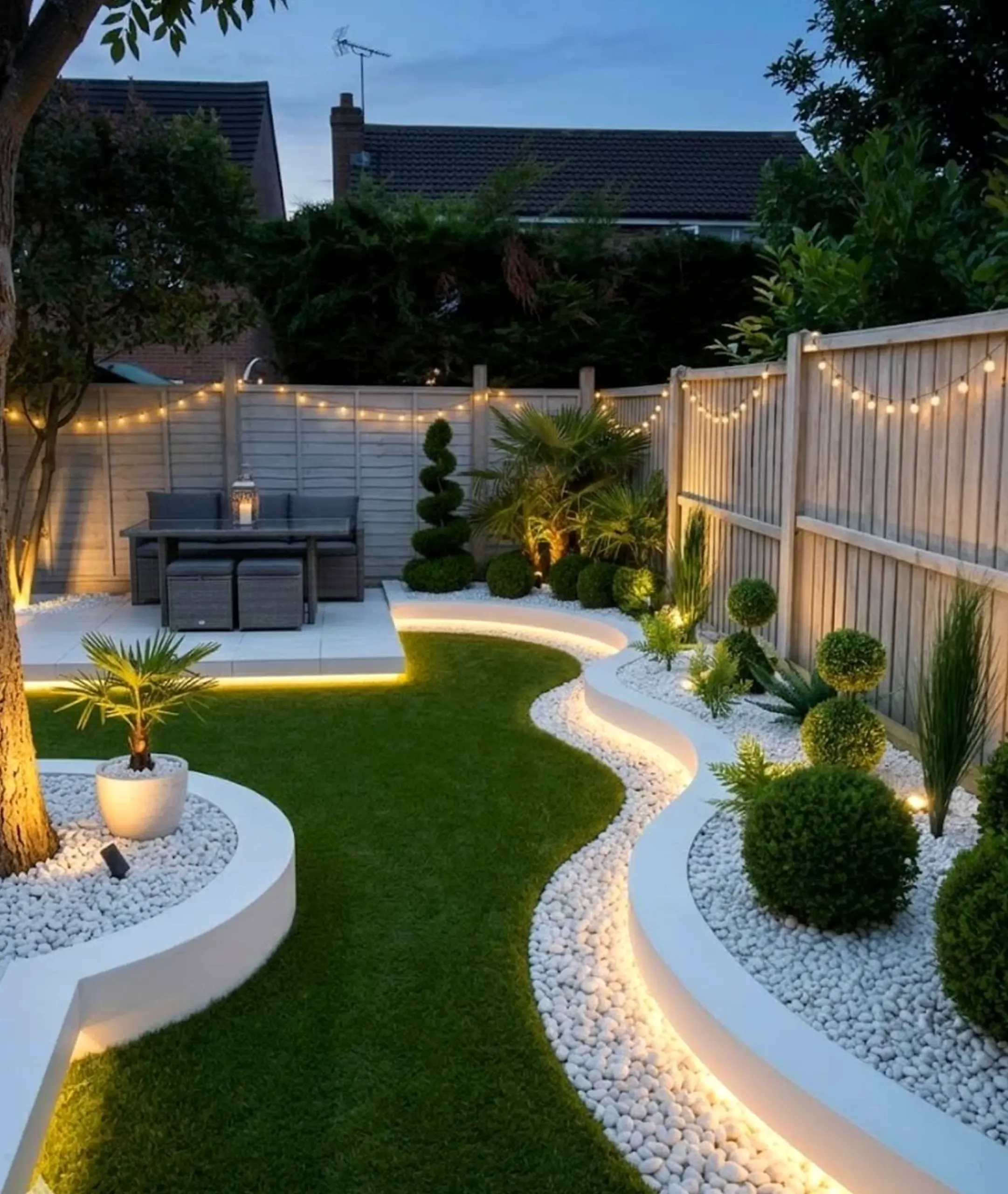 Simple terrace table anchors the garden edge with charm, giving the view a mood that feels bright but not busy.