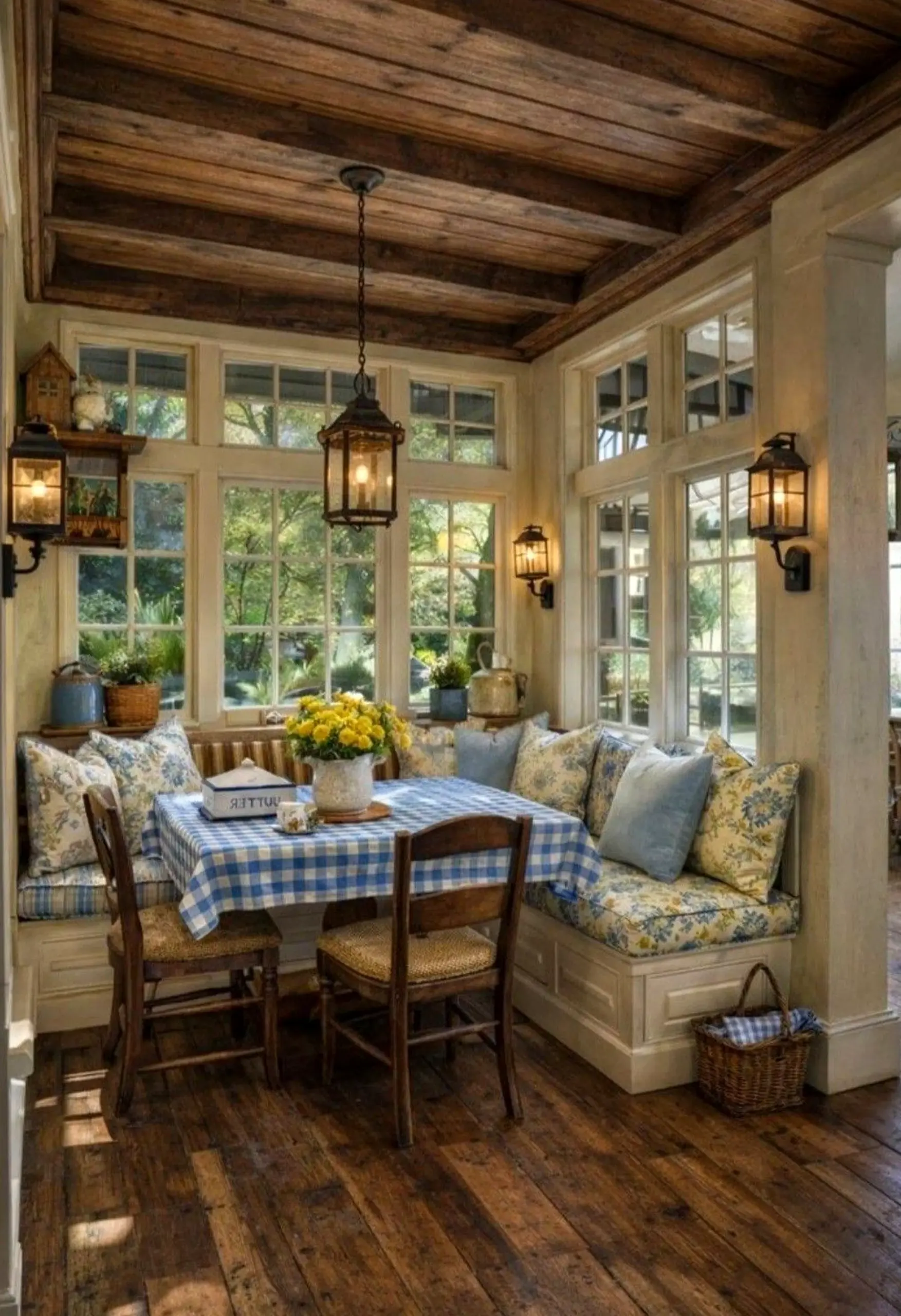 Subtle porch bench brings a useful note of character, making the design feel ready for quiet use.