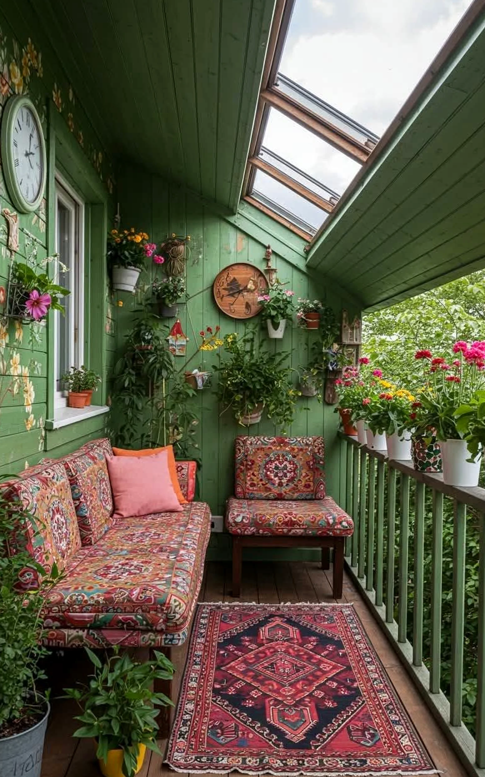 Relaxed greenhouse corner introduces movement into the design, keeping the atmosphere visually grounded.