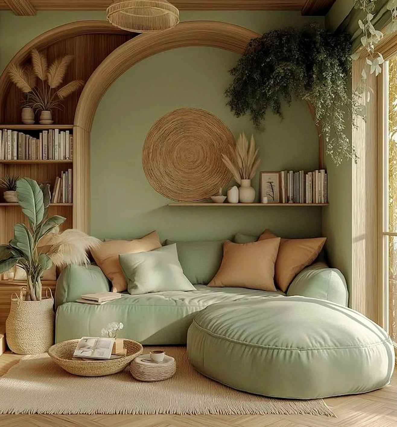 Inviting colorful passage anchors the sitting area with contrast, giving the view a mood that feels simple yet expressive.