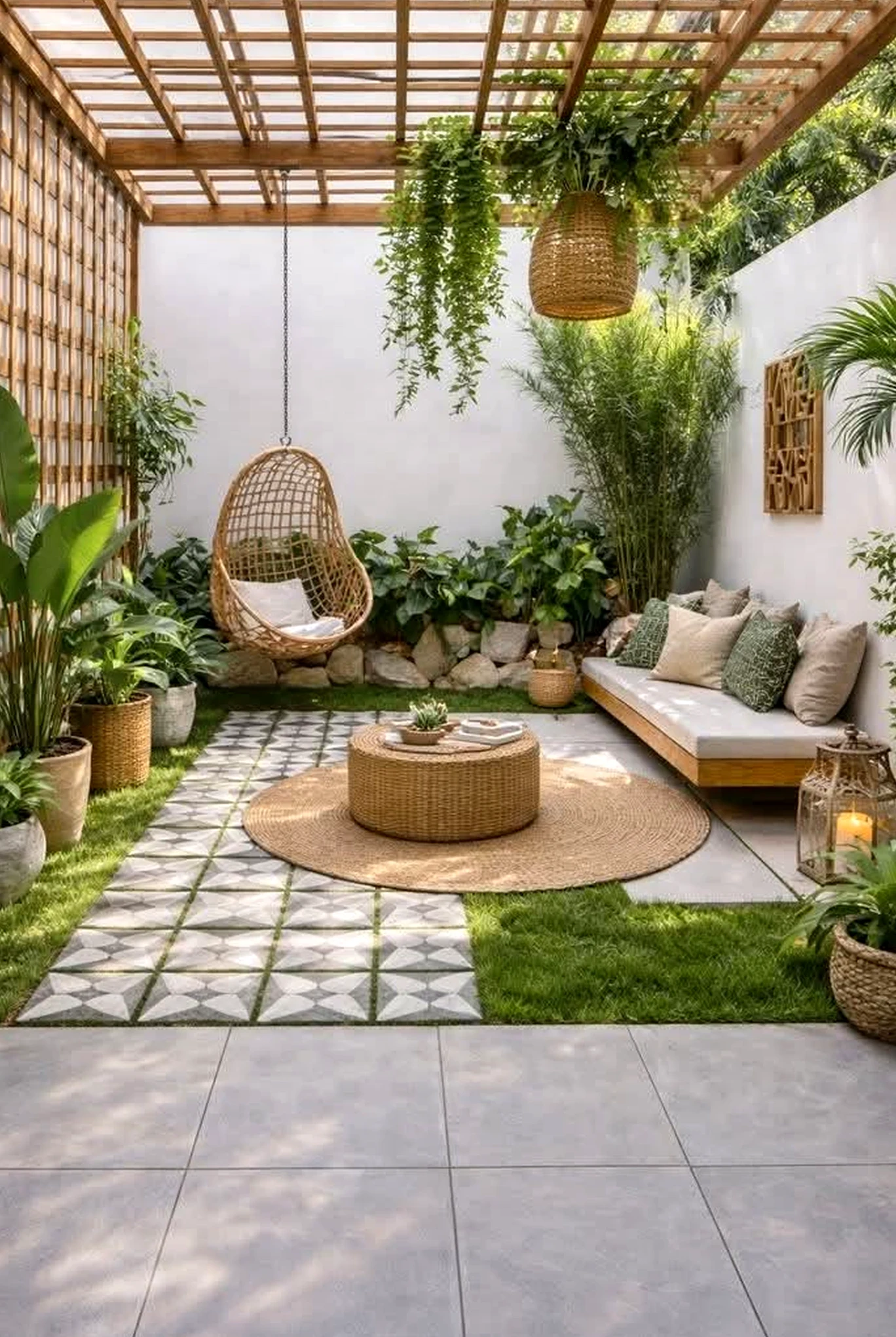 Quiet garden seating introduces freshness into the view, keeping the atmosphere easy to enjoy.