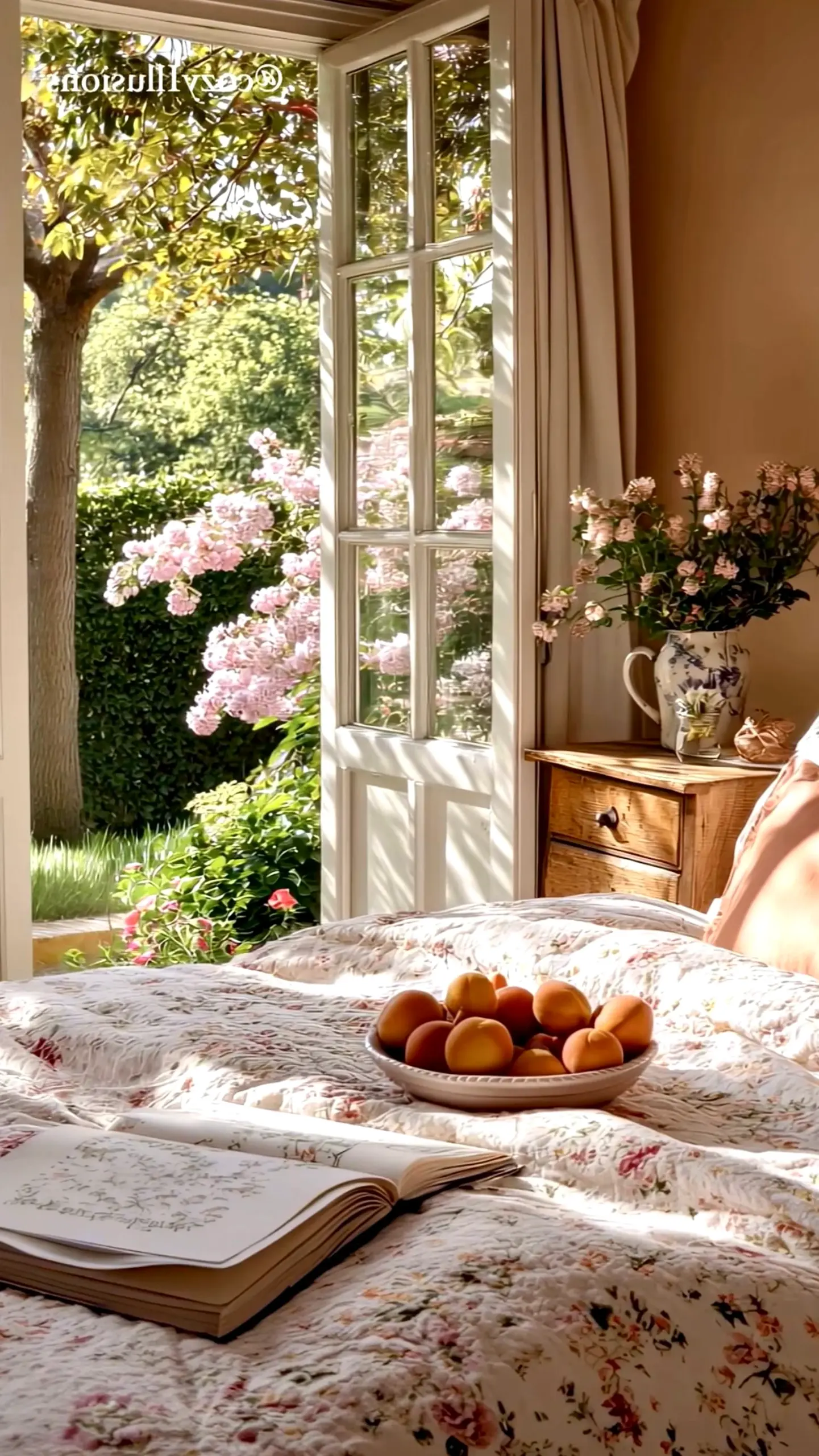 Cozy balcony scene draws attention to order while the arrangement stays warm without clutter.